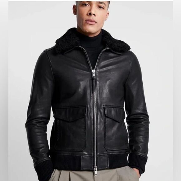 Allsaints Black Leather Bomber Aviator Flight Jacket with Shearling Collar Small - Picture 8 of 8